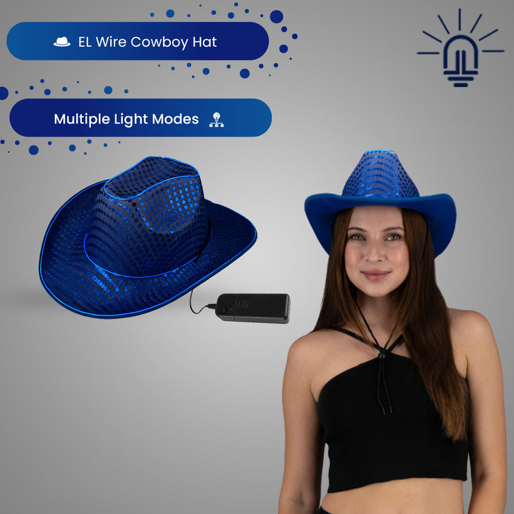 Blue LED Flashing EL Wire Glow Sequin Cowboy Hat | PartyGlowz.com