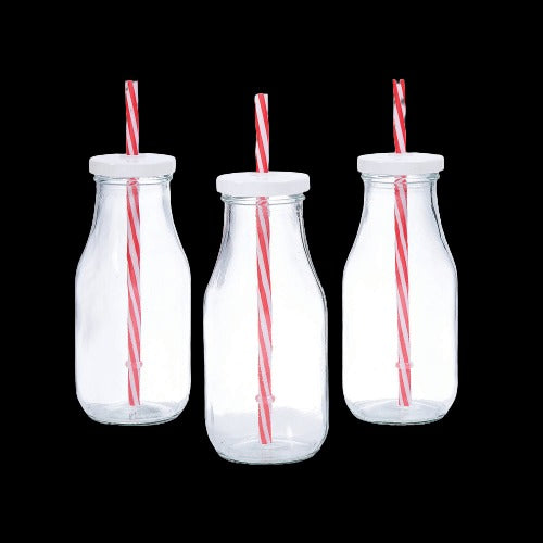 Clear Glass Milk Bottle with Lid and Reusable Straw Water Bottle Glass  Container
