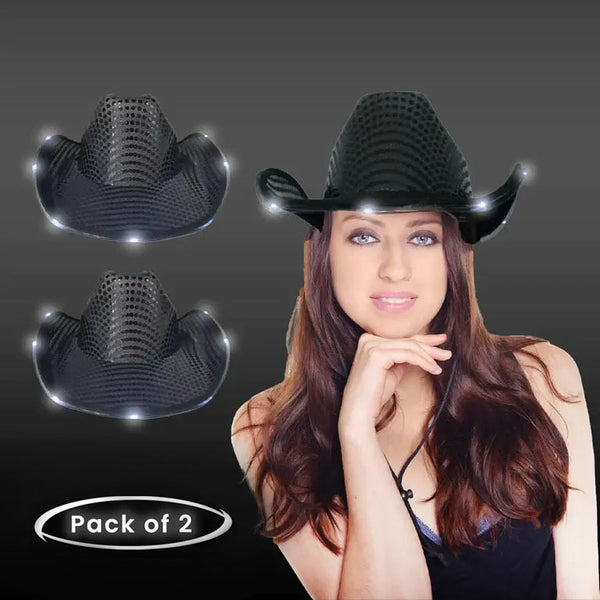 LED Light Up Flashing Black Cowboy Hat With Sequins - Pack of 2 Hats