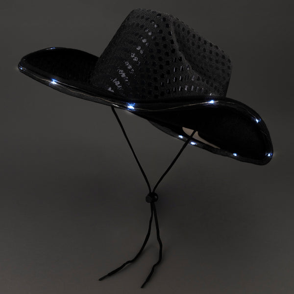 LED Light Up Flashing Black Cowboy Hat With Sequins - Pack of 2 Hats