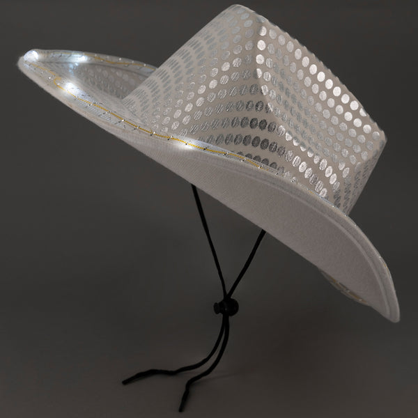 LED Light Up Flashing Sequin White Cowboy Hat - Pack of 36 Hats