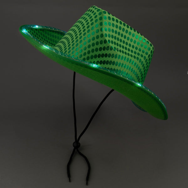 LED Light Up Flashing Sequin Green Cowboy Hat - Pack of 96 Hats