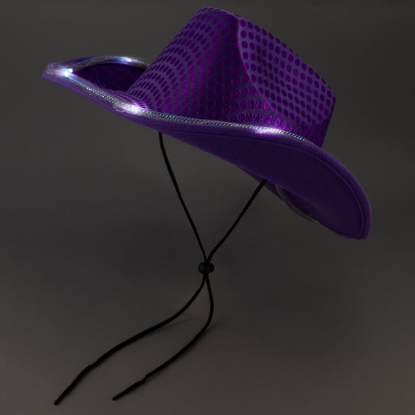 LED Light Up Flashing Sequin Cowboy Hats Purple - 12 Hats