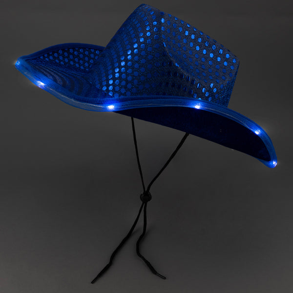 Blue LED Light Up Flashing Sequin Cowboy Hat - Pack of 12 Hats