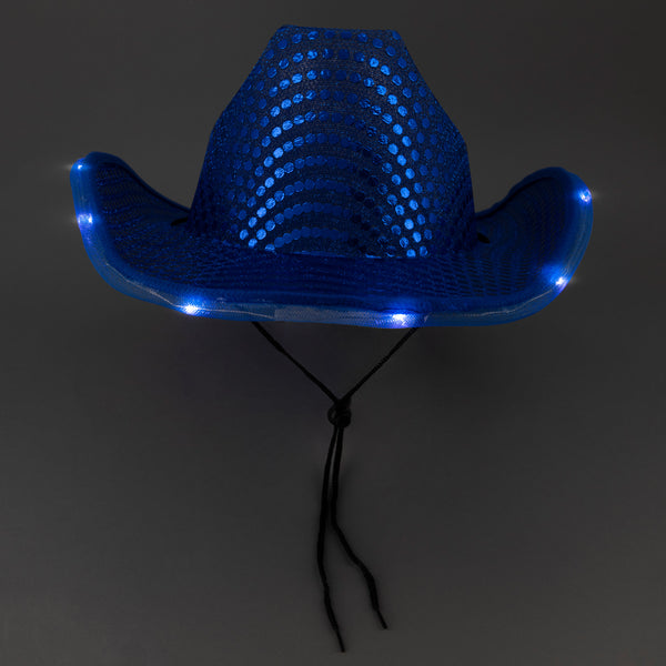 Blue LED Light Up Flashing Sequin Cowboy Hat - Pack of 12 Hats