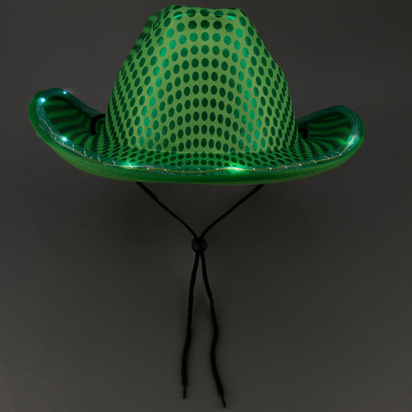 LED Light Up Flashing Sequin Cowboy Hats Green - 12 Hats