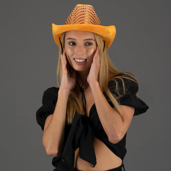 LED Flashing Orange EL Wire Sequin Cowboy Party Hat - Pack of 36 Hats
