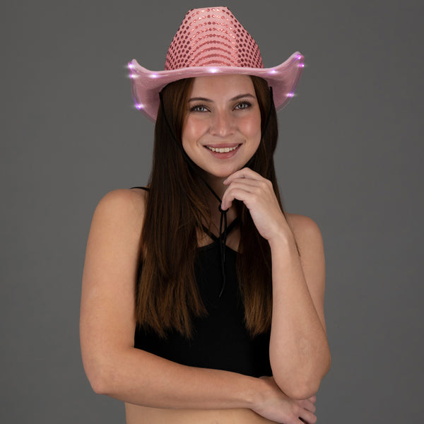 LED Light Up Flashing Pink Cowboy Hat With Sequins - Pack of 2 Hats