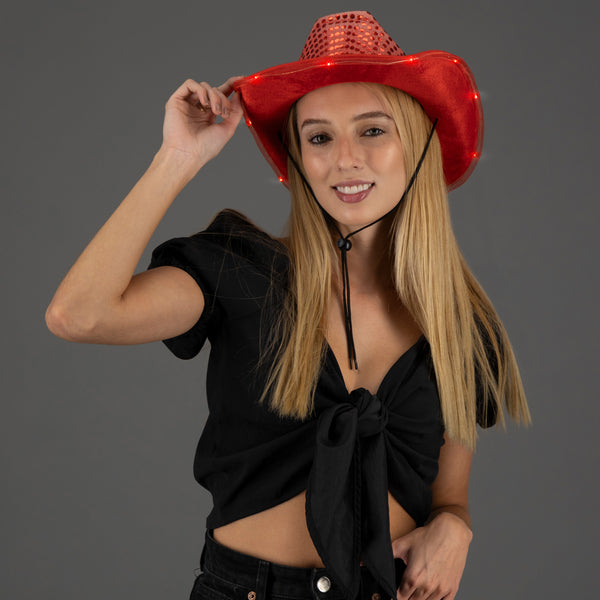 LED Light Up Flashing Sequin Red Cowboy Hat - Pack of 4 Hats