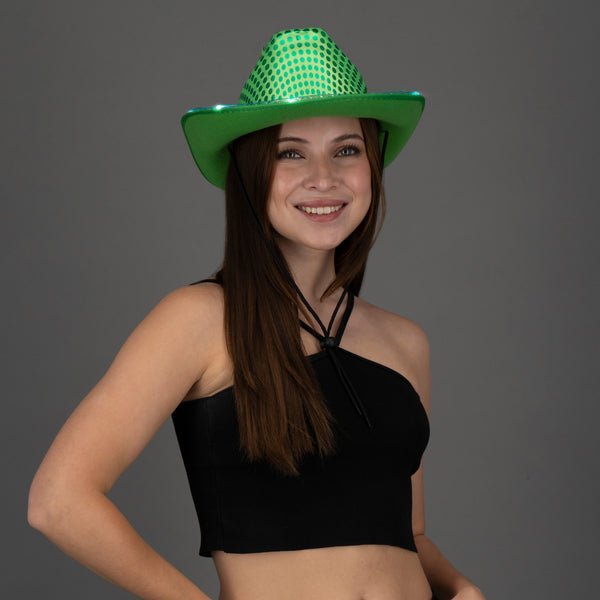 LED Light Up Flashing Sequin Green Cowboy Hat - Pack of 96 Hats