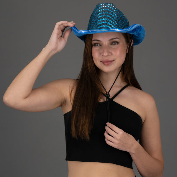 LED Light Up Flashing Sequin Teal Cowboy Hat - Pack of 96 Hats