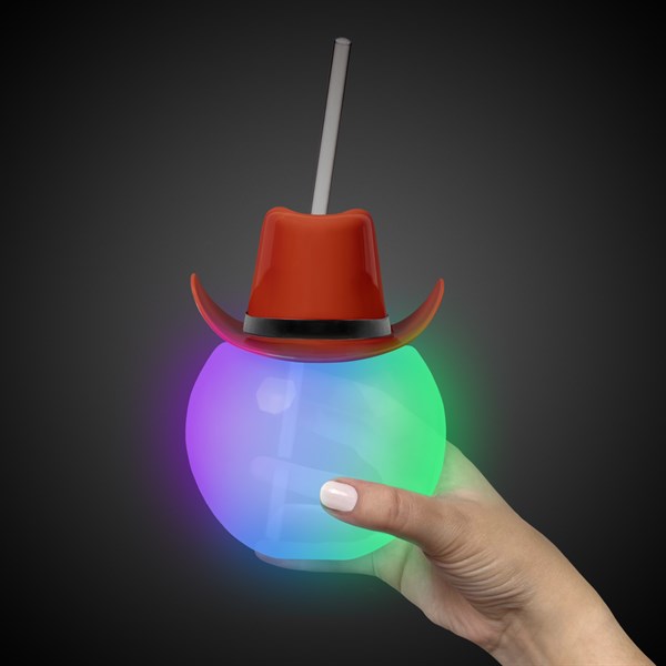 LED Brown Cowboy Hat Ball Cup with Straw