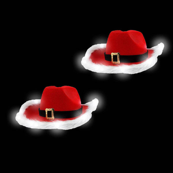 LED Light Up Christmas Red Santa Claus Cowboy Hats - Pack of 2