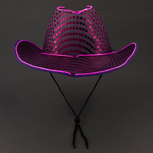 Light Up Flashing EL Wire Purple Sequin Cowboy Hat