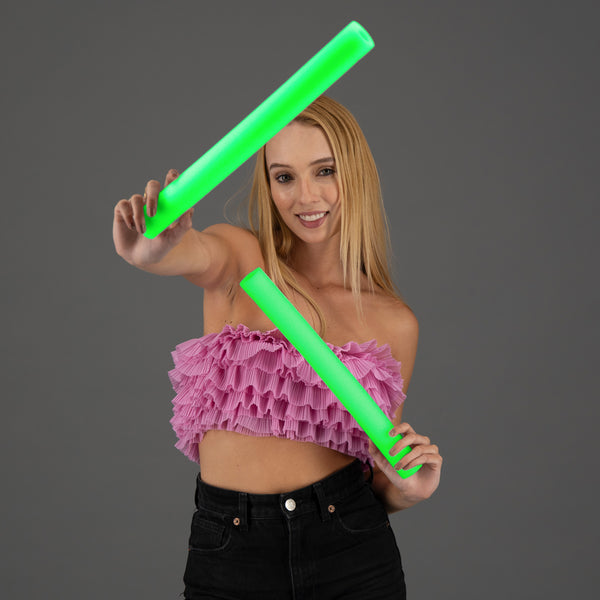 LED Light Up 16 Inch Green Foam Stick Batons - Pack of 3 Sticks