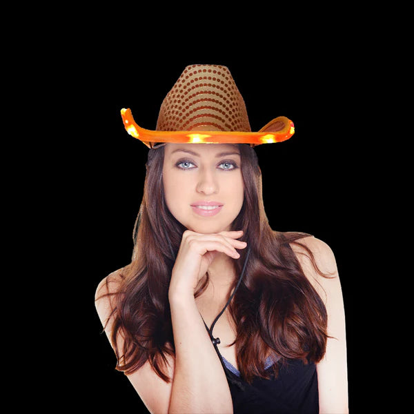 LED Light Up Flashing Orange Cowboy Hat With Sequins