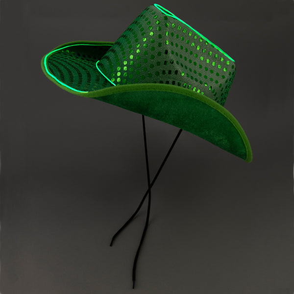 Light Up EL Wire Green Sequin Cowboy Hat