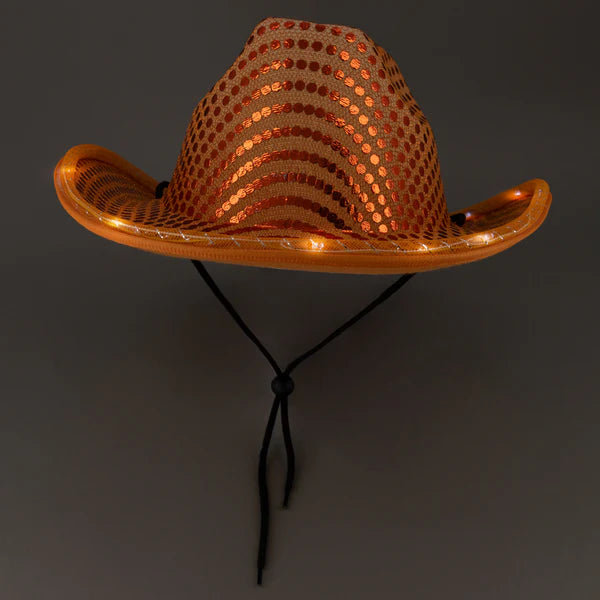 LED Light Up Flashing Orange Cowboy Hat With Sequins