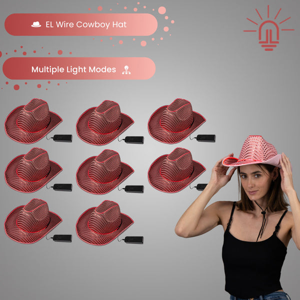 LED Flashing Pink EL Wire Sequin Cowboy Party Hat - Pack of 36 Hats