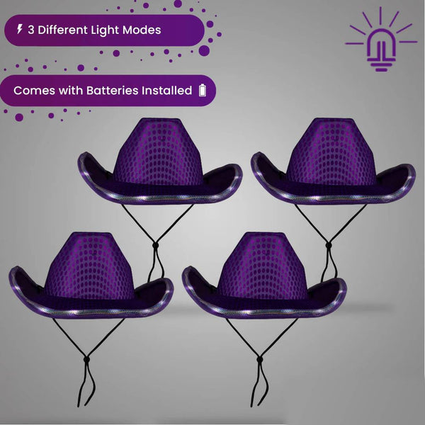 LED Light Up Flashing Sequin Purple Cowboy Hat - Pack of 4 Hats