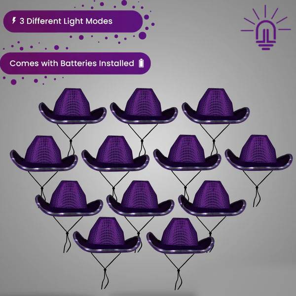 LED Light Up Flashing Sequin Cowboy Hats Purple - 12 Hats