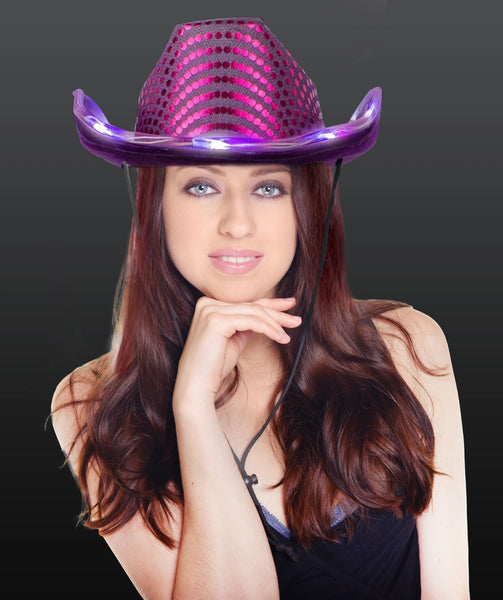 Purple LED Light Up Flashing Cowboy Hat With Sequins