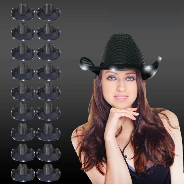 LED Light Up Flashing Sequin Black Cowboy Hat - Pack of 18 Hats