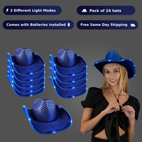 LED Light Up Flashing Sequin Blue Cowboy Hat - Pack of 24 Hats