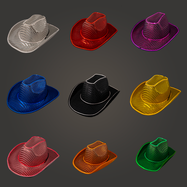 Light Up Flashing EL Wire Sequin Cowboy Hats - 12 Assorted Colors Pack