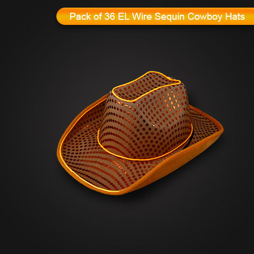 LED Flashing Orange EL Wire Sequin Cowboy Party Hat - Pack of 36 Hats