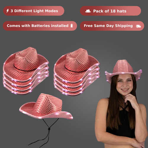 LED Light Up Flashing Sequin Pink Cowboy Hat - Pack of 18 Hats