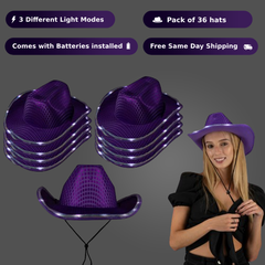 LED Light Up Flashing Sequin Purple Cowboy Hat - Pack of 36 Hats