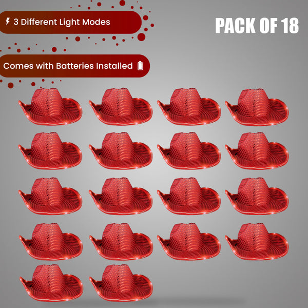 LED Light Up Flashing Sequin Red Cowboy Hat - Pack of 18 Hats