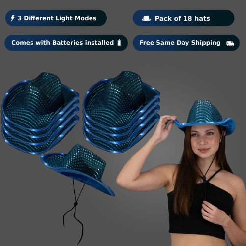 LED Light Up Flashing Sequin Teal Cowboy Hat - Pack of 18 Hats