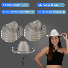 LED Light Up Flashing Sequin  White Cowboy Hat - Pack of 24 Hats