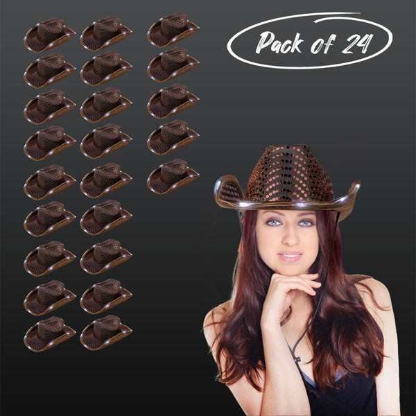 LED Light Up Flashing Sequin Brown Cowboy Hat - Pack of 24 Hats